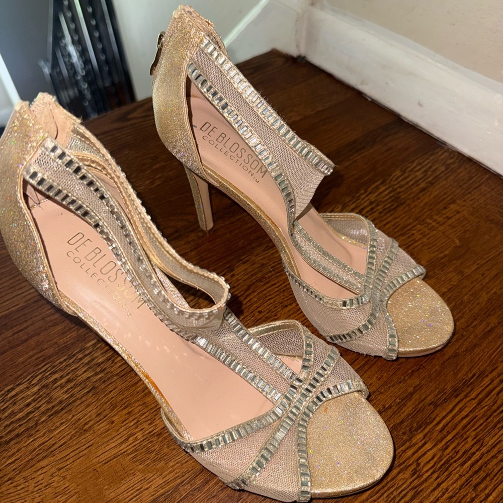 De Blossom Collection Gold Stiletto Heels with Rhinestones